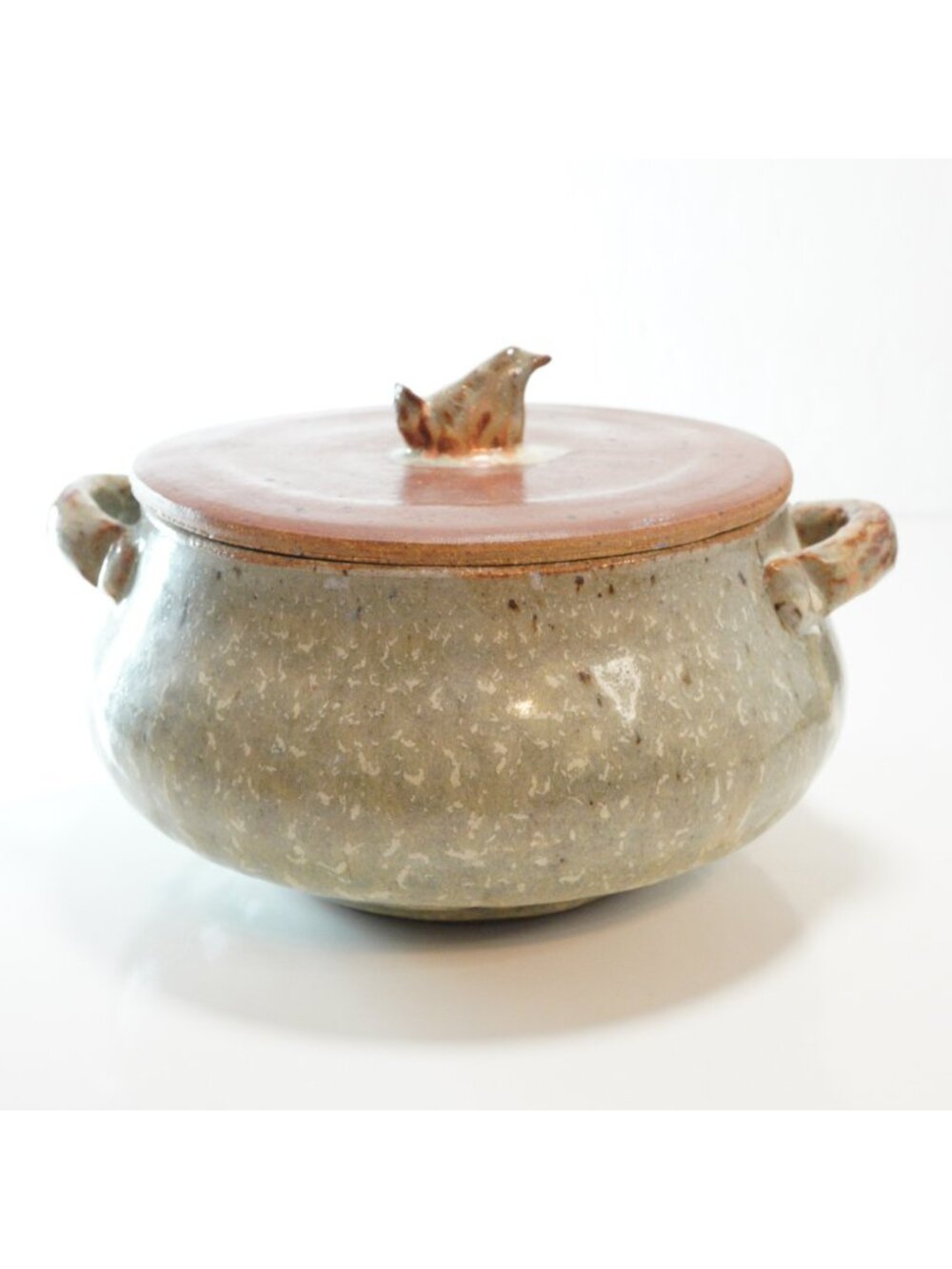 Vintage Brooke Studio Art Pottery Stoneware Lidded Crock Bird Finial Gray